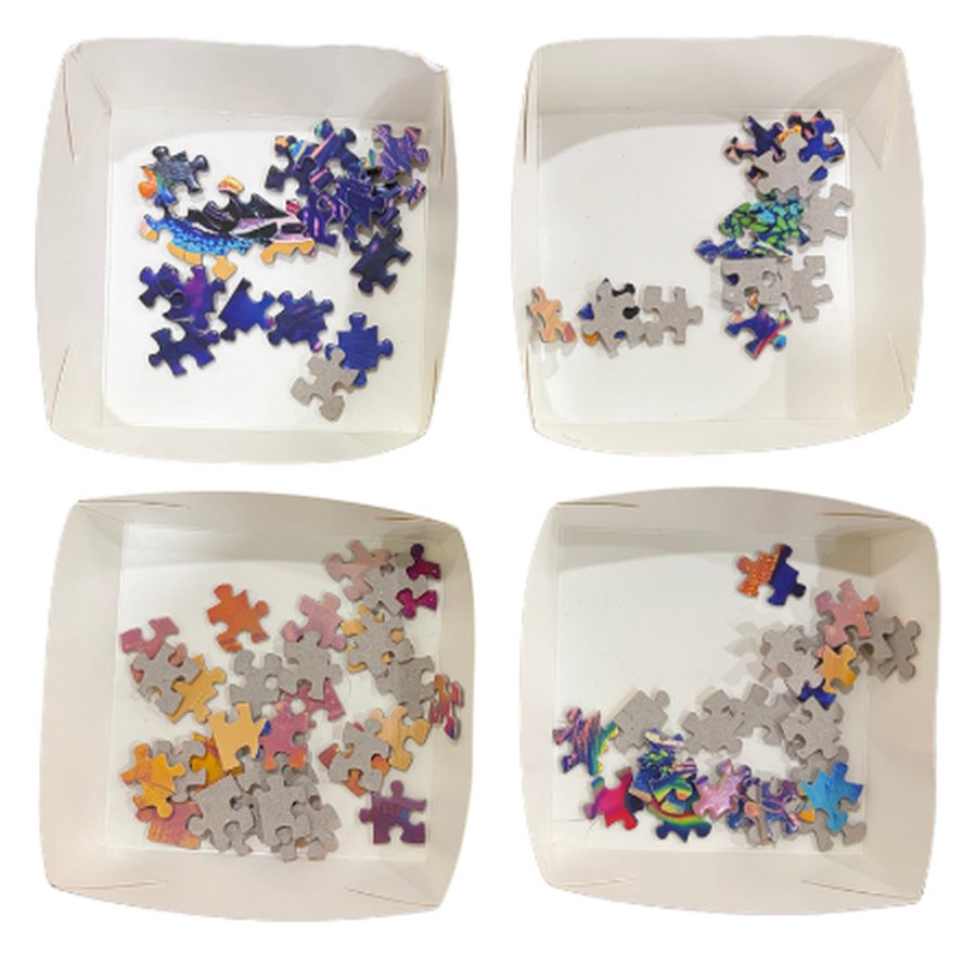 The four sorting trays supplied with the puzzle, holding sorted pieces